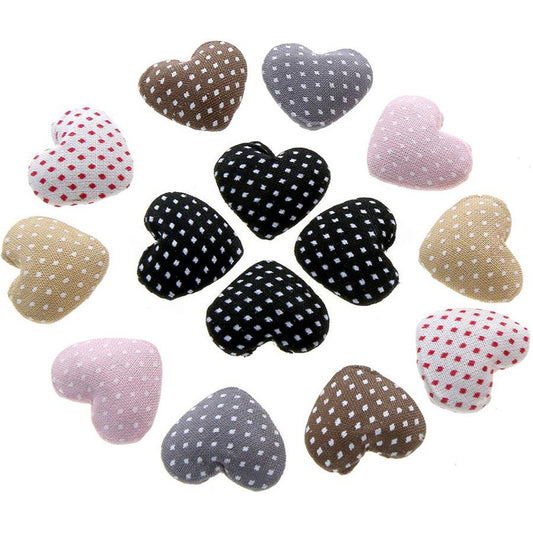 Bouton tissu cœur pois à coller apprêt bijoux (10 pièces)