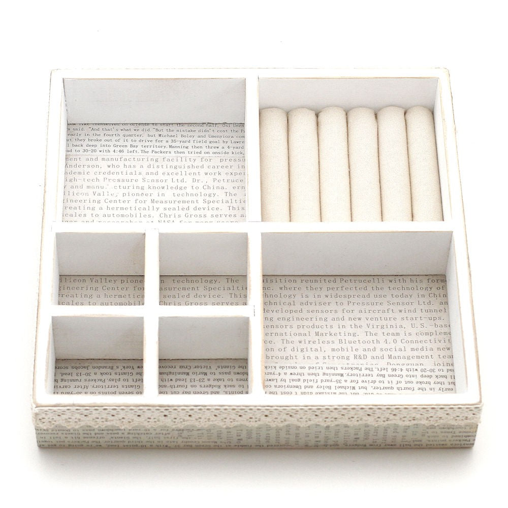 Plateau bijoux et bagues en bois et tissu 8 compartiments