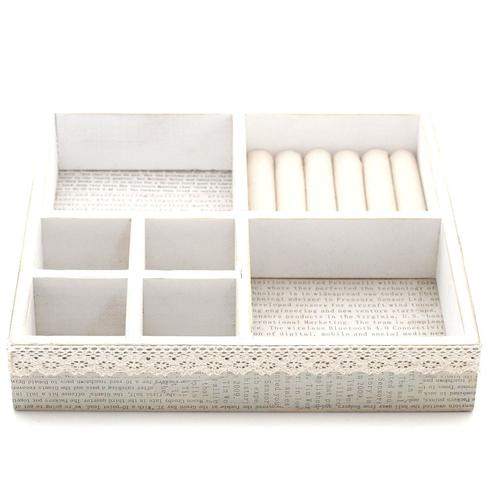 Plateau bijoux et bagues en bois et tissu 8 compartiments