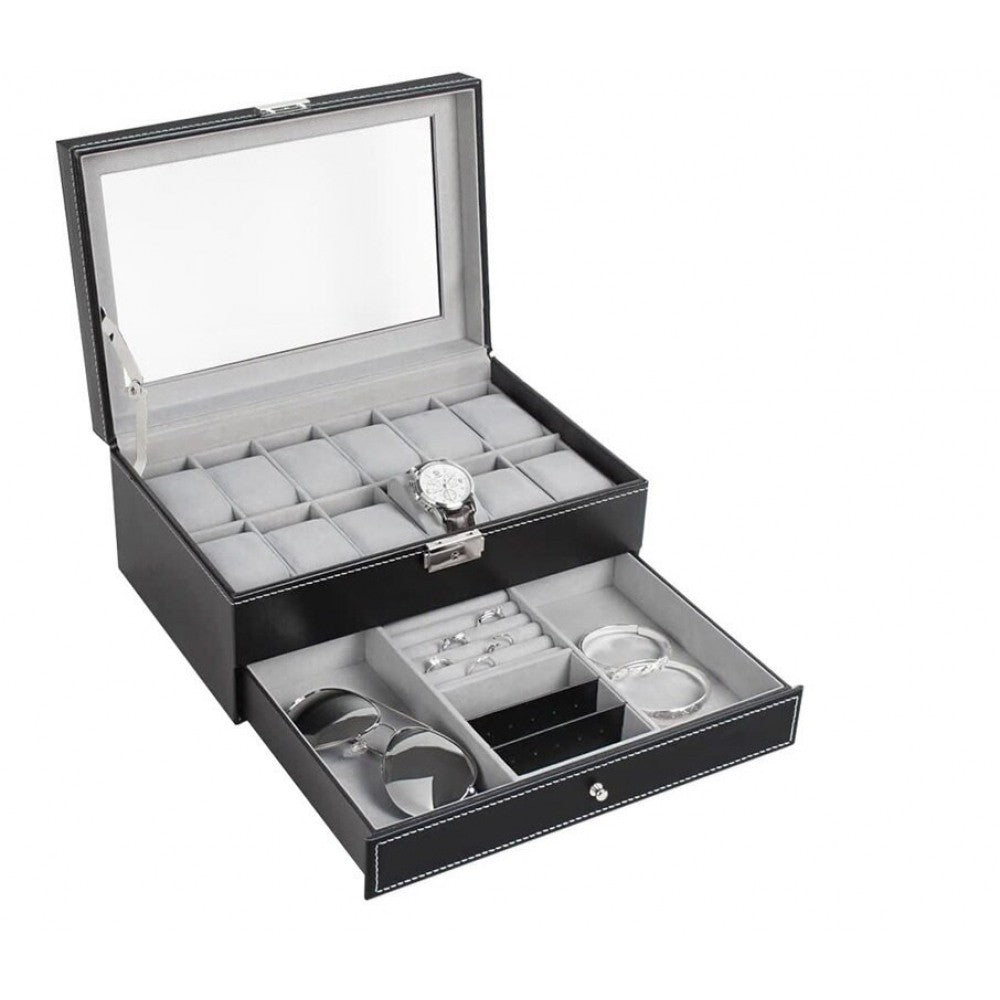 Coffret à montres pour ranger et exposer 12 montres + tiroir pour bijoux