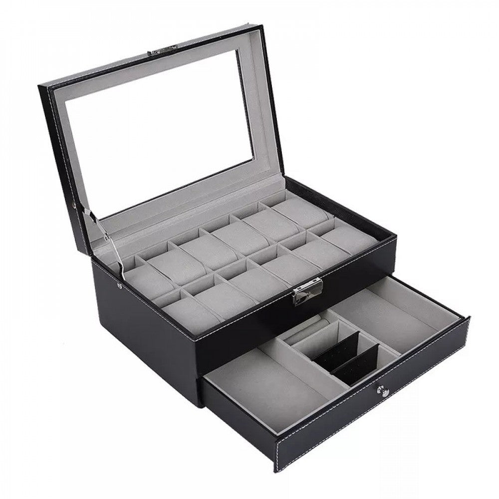 Coffret à montres pour ranger et exposer 12 montres + tiroir pour bijoux