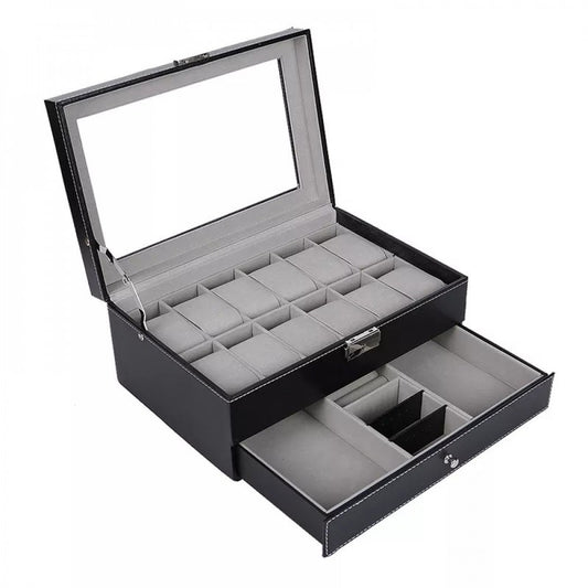 Coffret à montres pour ranger et exposer 12 montres + tiroir pour bijoux