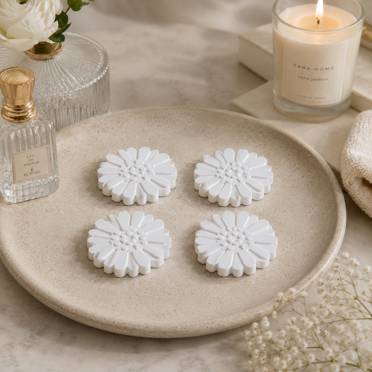 🐢 Galets diffuseurs à parfumer en forme de fleur – Lot de 4