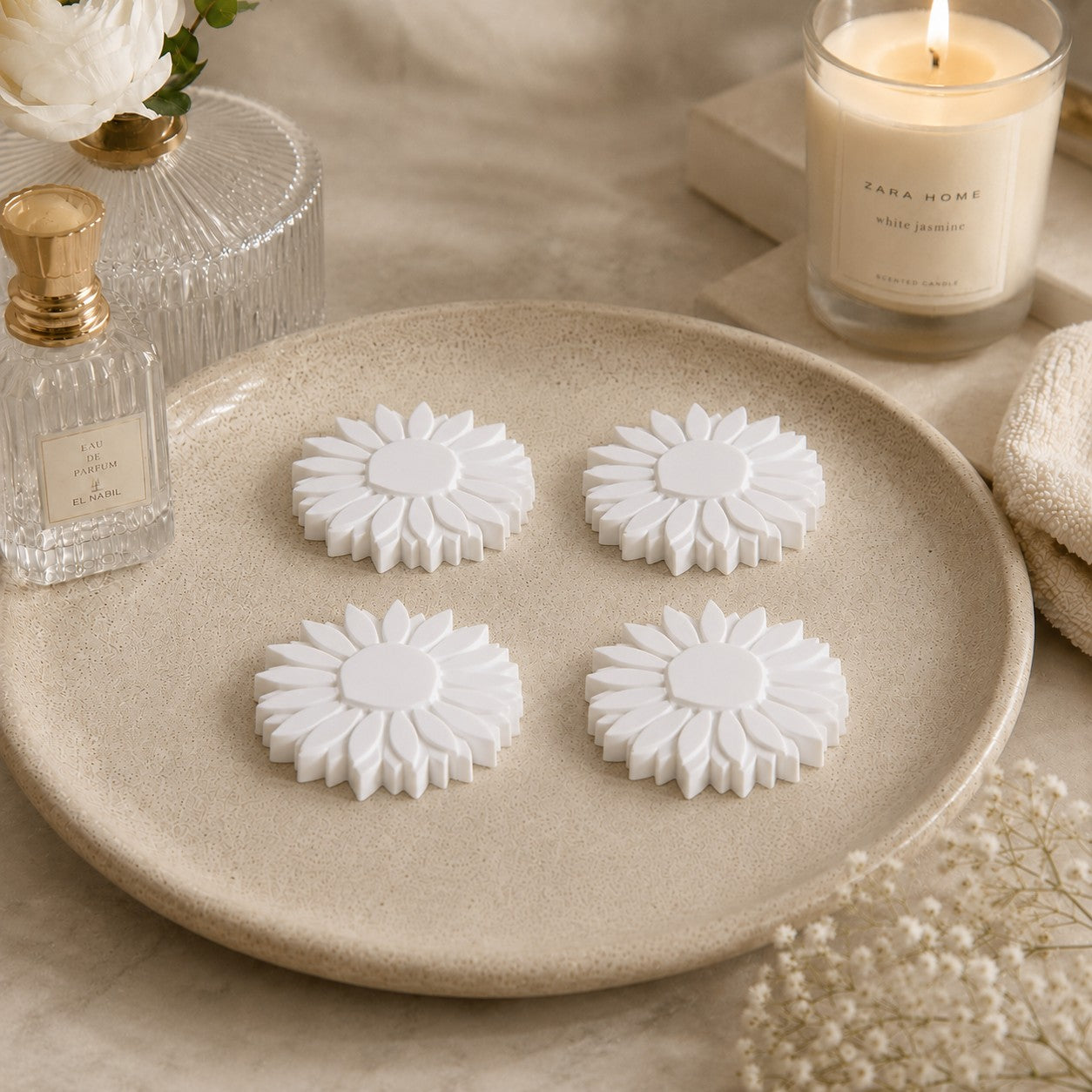 🐢 Galets diffuseurs à parfumer en forme de fleur – Lot de 4