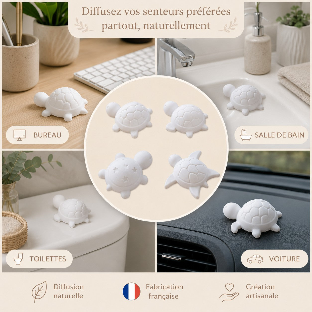 🐢 Lot de 4 diffuseurs de parfum – Tortues en plâtre céramique  Fabrication française • Création artisanale