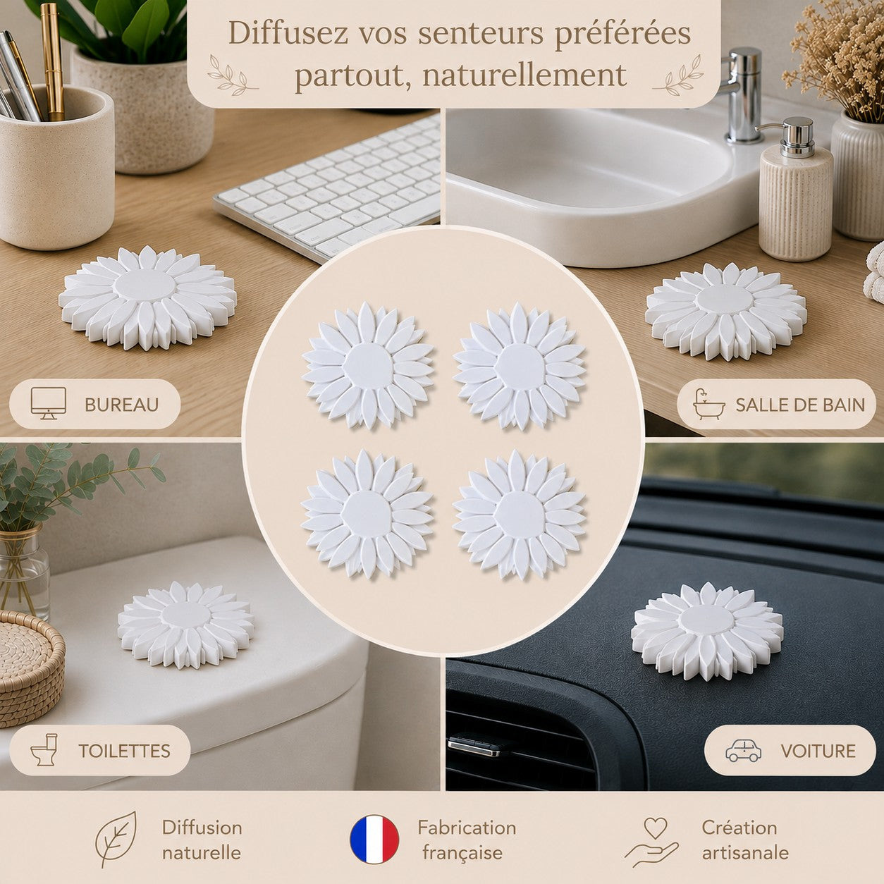 🐢 Galets diffuseurs à parfumer en forme de fleur – Lot de 4